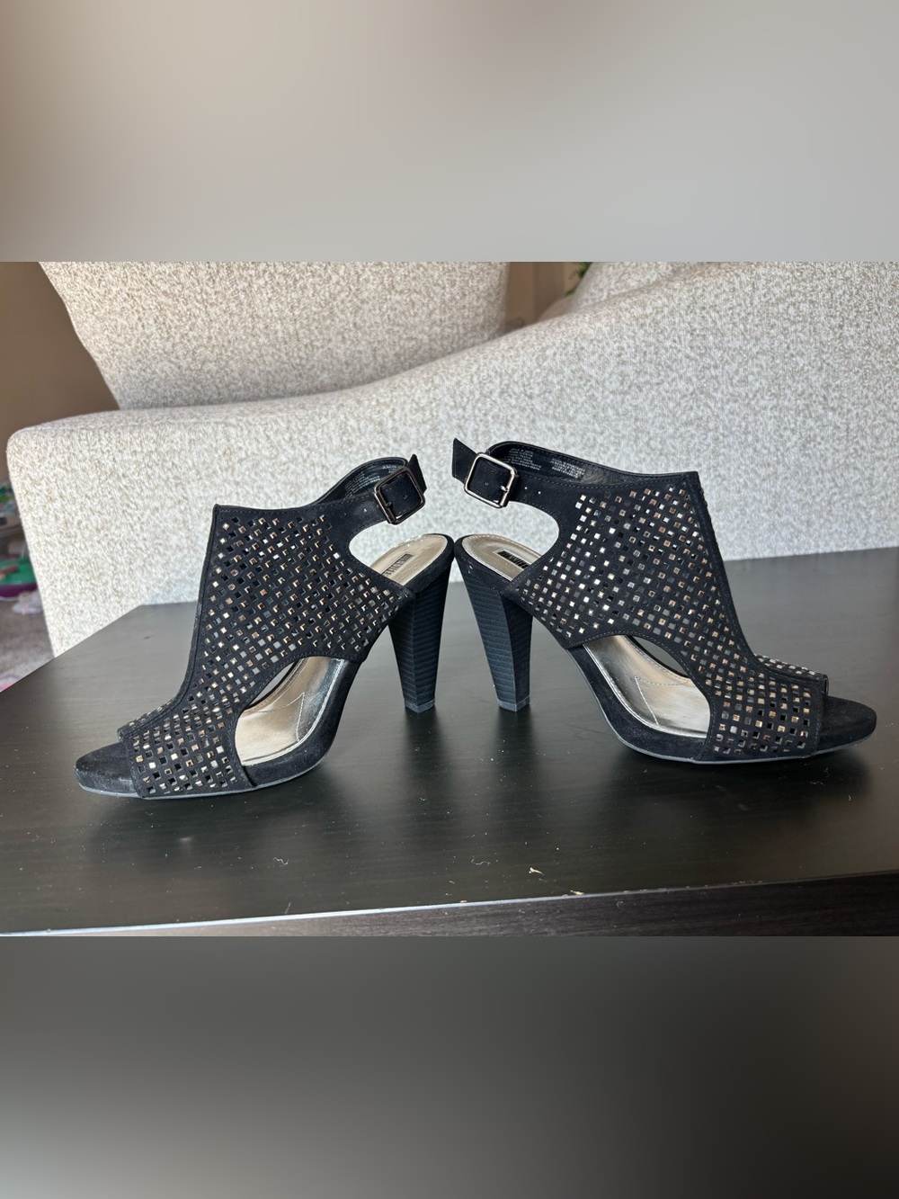 Jennifer Lopez Black Perforated Peep-Toe Slingback Heels- Original Box